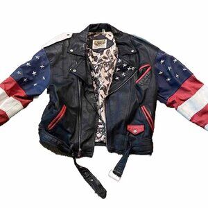 Vintage Phase 2 Leather Jacket Mens Size S American Flag Biker USA Studded Stars